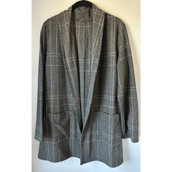 Eileen Fisher Wool Blend Plaid Gray Open Front Cardigan Sweater Blazer XL Office